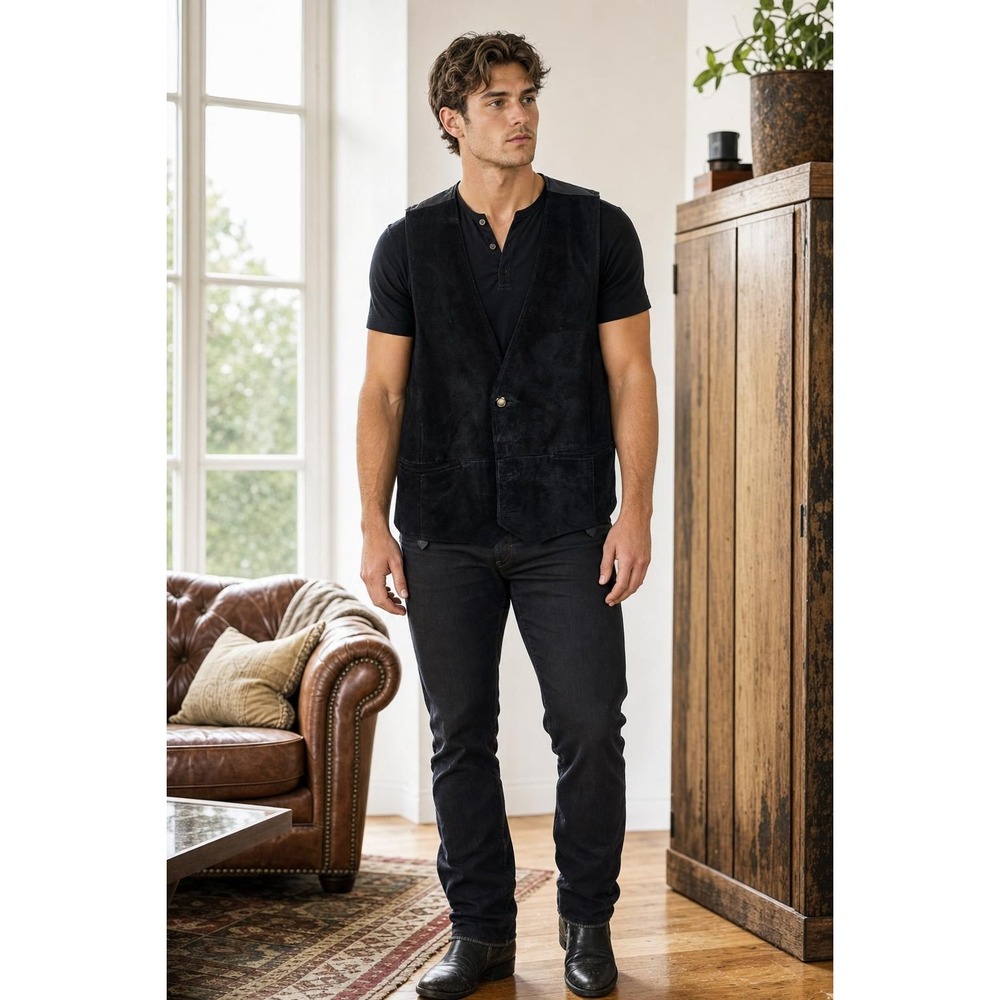 Beyond Leather Suede Vest Men's L Black Western Biker Moto Ranchwear Cowboy‎